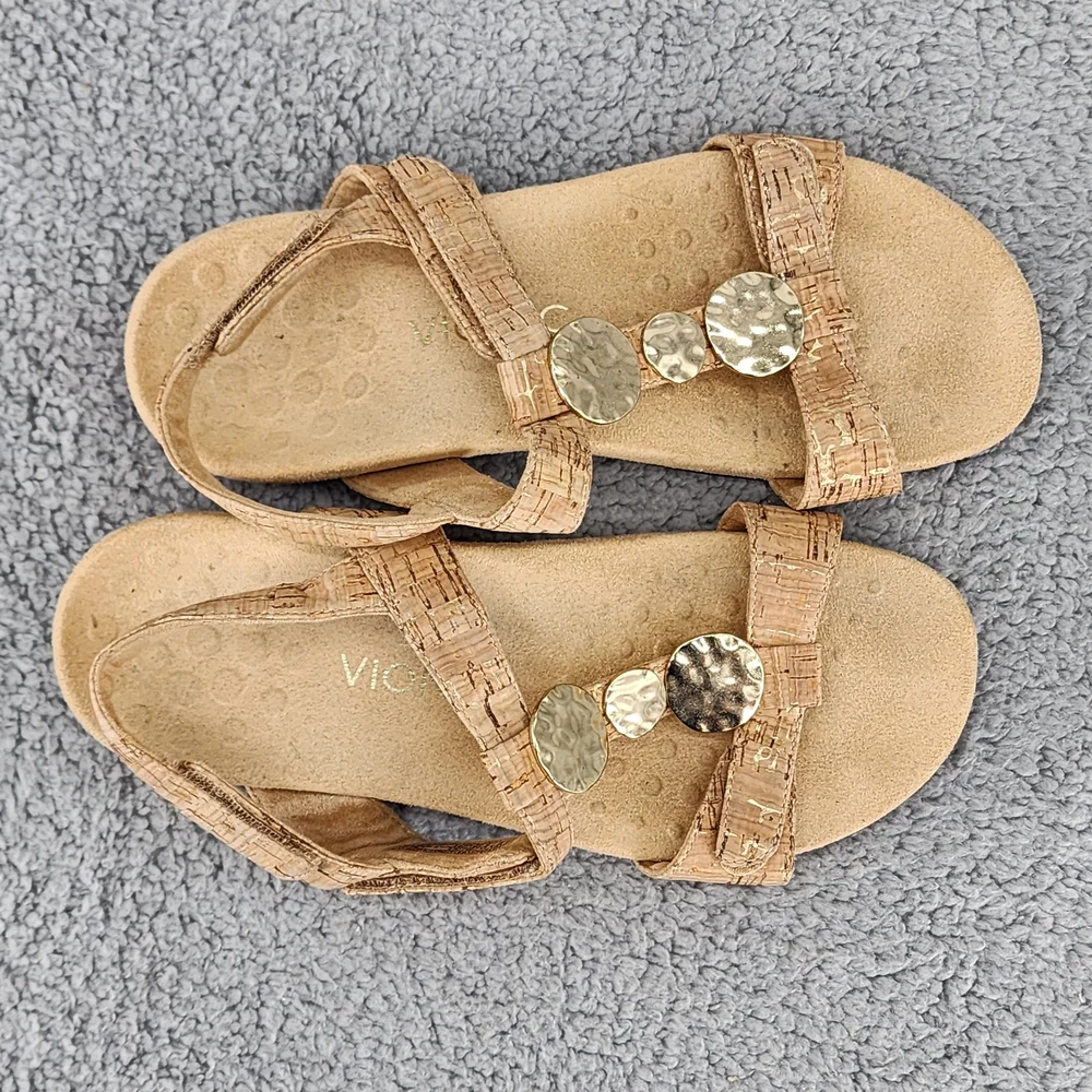 Vionic Farra Tan Cork Sandals Sz 8 Gold Details Ankle Strap Comfort Boho - Picture 3 of 11